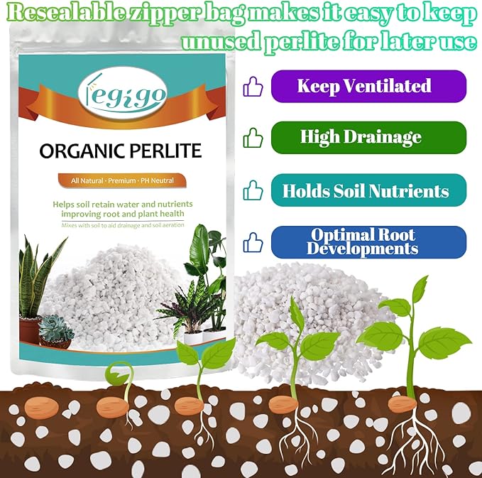 Legigo 8 Quarts Organic Horticultural Perlite for Plants Indoor- Natural Horticultural Soil Additive Conditioner Mix for Improves Drainage, Ventilation and Root Growth