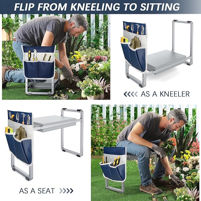 FLINTER 10.2" Wider Garden Kneeler and Seat, Heavy Duty Thick Gardening Bench for Kneeling and Seat - Garden Tools with Bags, Gardening for Women, Grandparents, Gardeners, Mom & Dad - Grey