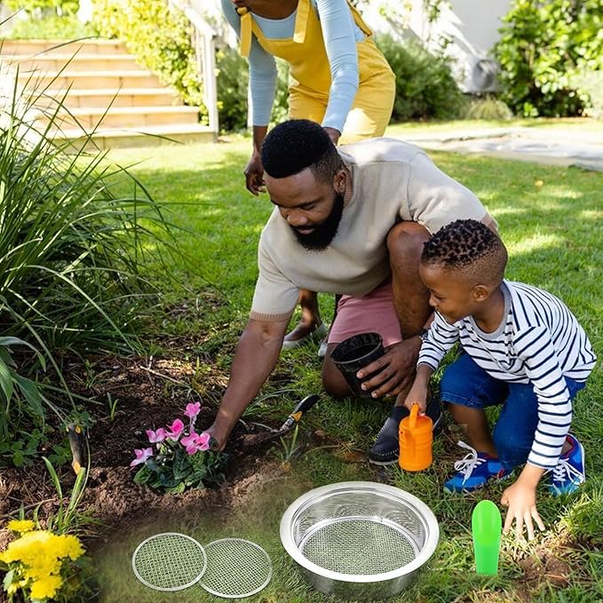 Soil Sieve Sifter Set Stainless Steel,Garden Sieve Set with 3 Interchangeable Mesh 3,6,9mm,Sifting Screen for Dirt, Sand, Rock, Filtration, Compost, with Soil Scoops Gardening Tool