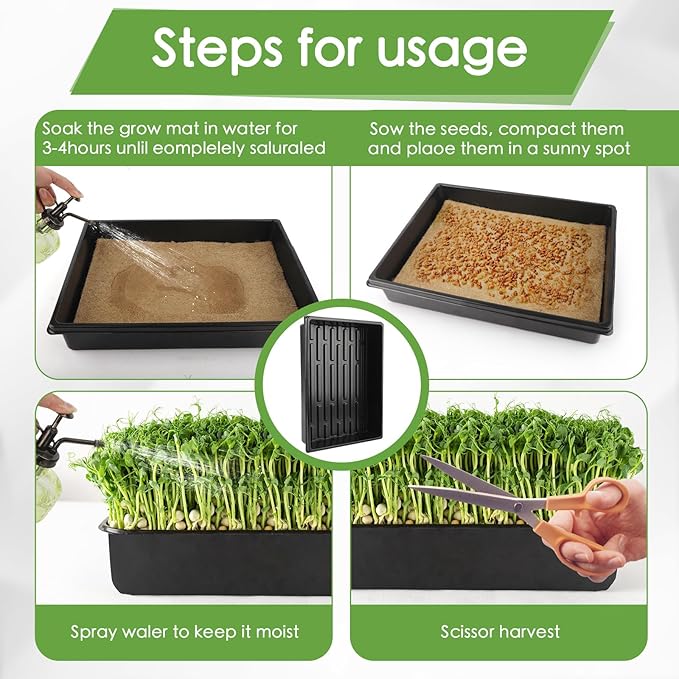6Pack Microgreens Growing Trays with 12Pcs Plant Hemp Fiber Grow Mat, 15 x 11 x 2.5 Inch Garden Seed Starter Trays Kit, Microgreens Growing Kit for Seedlings, Growing Microgreens, Indoor Gardening