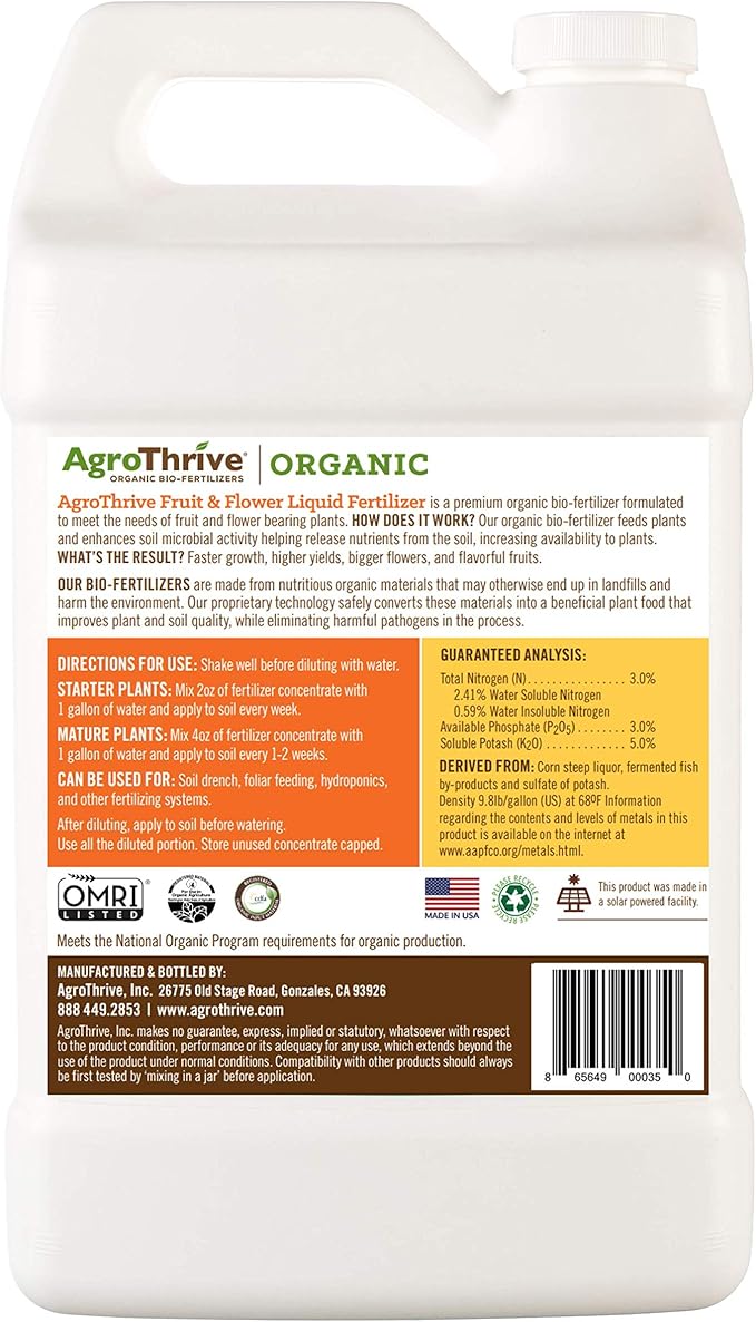 AgroThrive Fruit and Flower Organic Liquid Fertilizer - 3-3-5 NPK (ATFF1128) (1 Gal) for Fruits, Flowers, Vegetables, Greenhouses and Herbs