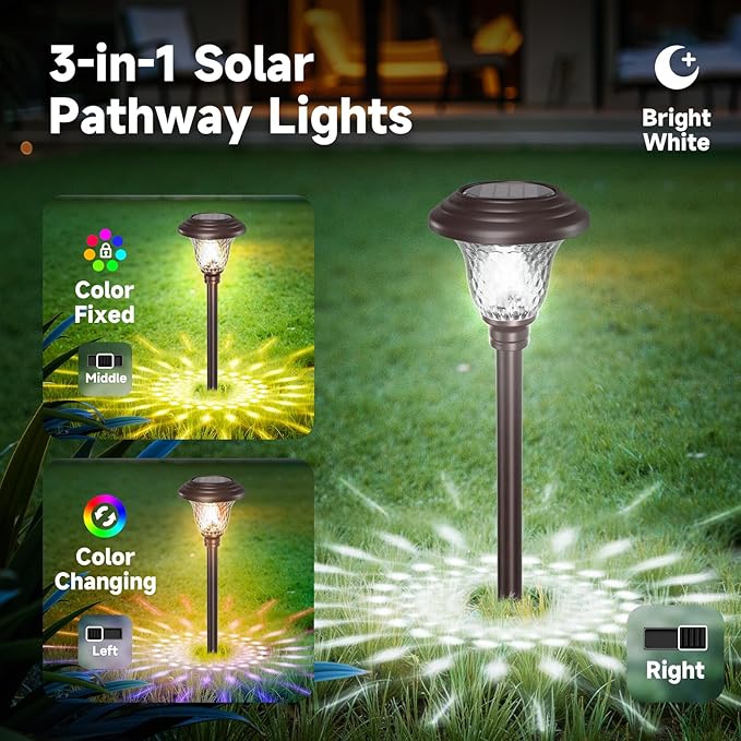 Beau Jardin 8 Pack Solar Pathway Lights Outdoor Metal Solar Powered Lights Waterproof Glass High Lumen for Garden Landscape Path Yard Walkway Patio Driveway Outside Colored Color Changing White Bronze
