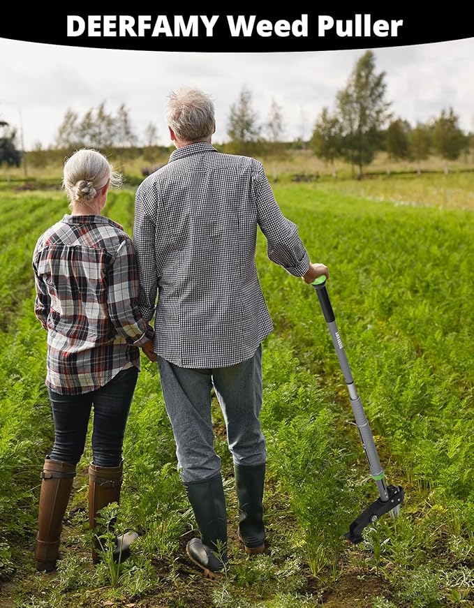 DEERFAMY Heavy Duty Stand Up Weeder Puller Tool, Adjustable 40-46in Ergonomic Long Handle Weeder Tool with 4-Claw Stainless Steel and Easy-Eject Mechanism, Weeding Without Bending, Green