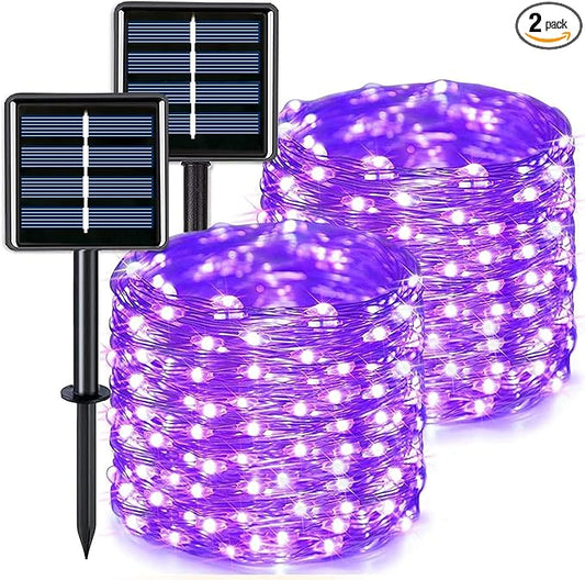 JMEXSUSS 2 Pack Purple Solar Halloween Lights Outdoor, 66ft 200 LED Solar Fairy Lights Outdoor Waterproof, 8 Modes Solar String Lights for Outside Halloween Christmas Decorations