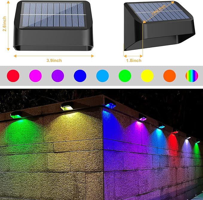 Brighter Solar Fence Lights 4 Pack, RGB 8 Colors, Dusk to Dawn Deck Light, Fence Solar Lights Outdoor IP65 Waterproof, Solar Outdoor Lights for Backyard/Railing/Wall/Step/Patio