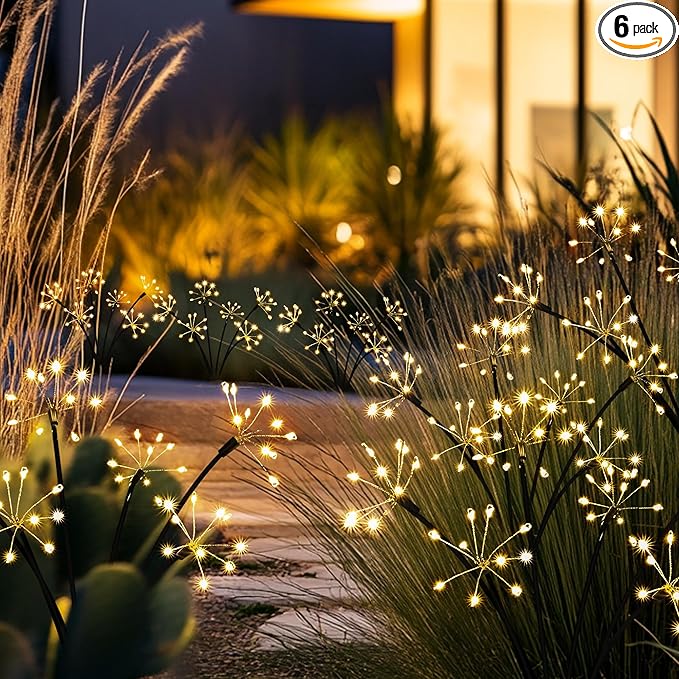 Solar Garden Decor Lights Outdoor, Solar Powered Lights Waterproof for Yard Patio Porch Flowerbed, Fairy Gardening Supplies Gifts Firwork(6 Pack Warm White)