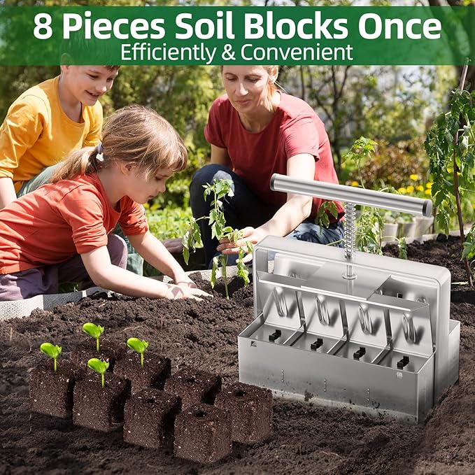 Soil Blocker 2 Inch 8 Cell Upgraded Soil Block Maker Heavy Duty with Comfortable Handle and 3 Sizes Seed Pins Handheld Soil Blocking Tool for Seed Starting transplanting Germination