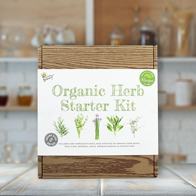 Buzzy 9 Large Terracotta Pot Organic Herb Garden Gift Box, Best Present for Gardeners - Mother's Day or Easter Plant Gift for Mom - Rosemary, Basil and Other Seeds Included in The Indoor Planter kit.