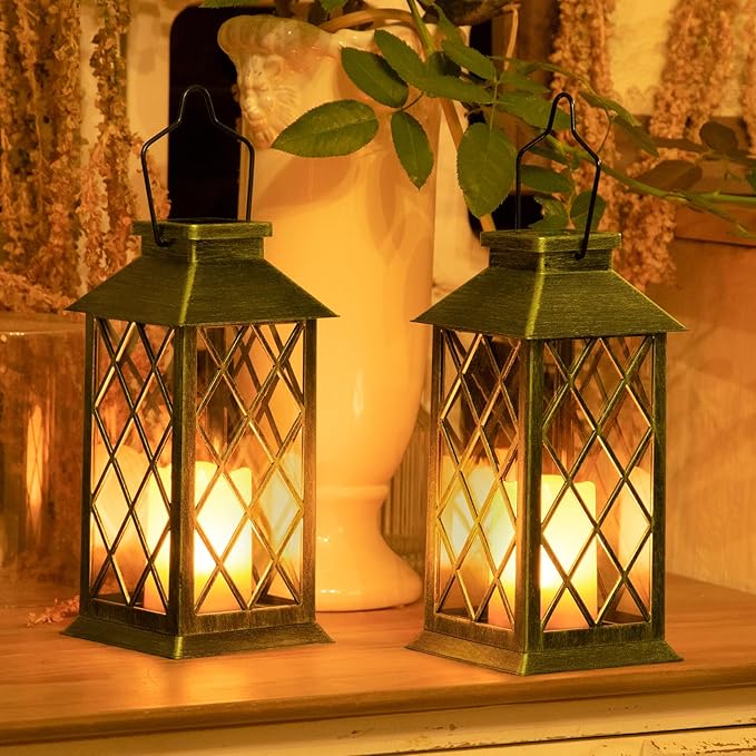 2Pack 11" Outdoor Solar Lanterns Waterproof Garden Patio Lantern Lights Flickering Candle Mission for Outside, Party, Yard, Lawn, Mothers Day Gifts Garden Gifts for Mom Women (Antique Green Bronze)