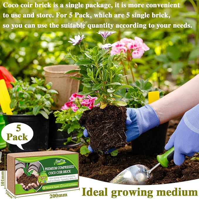 ZeeDix 5Pcs Premium Compressed Coco Coir Brick=12Gallons Coconut Coir Potting Soil for Planting, 7Lbs Coco Block with Low EC and pH Balance for Gardening Plants Flower Herbs and Vegetables
