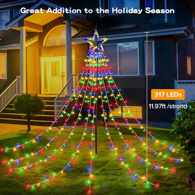 BlcTec Outdoor Christmas Decorations, 317 LEDs Christmas Lights with 9 Strands 11.9ft Waterfall Christmas Tree Lights, 8 Modes, Waterproof, Topper Star & Timer for Yard Patio Xmas Décor, Multicolor