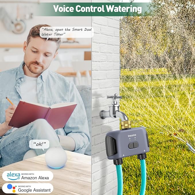 WiFi Water Timer 2 Zones, Smart Sprinkler Timer for Garden Hose, APP Remote Control, Voice Control, Rain Delay and Manual Mode for Yard Lawn Watering, Brass Inlet