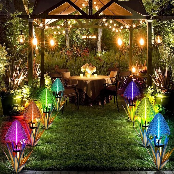 Metal Outdoor Decoration Gift Metal Agave Plants Outdoor Decor, Metal Agave Yard Art Garden Lights Solar Outdoor, 7 Color Changing Garden Yard Pathway Xmas Decor Waterproof & Solar Powered(1pcs Blue)