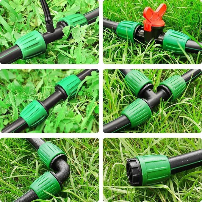 Drip Irrigation Fittings for 1/2 Inch Tubing(0.6-0.63" OD), 21 Pcs Set 1/2" Drip Line Parts Barbed Locked Nut Connectors - 5 Couplings, 5 Tees, 4 End Cap, 3 Reducing Tees, 2 Switch Valves, 2 Elbows