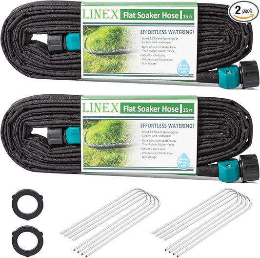 LINEX Flat Soaker Hose 30 ft for Garden Beds, 1/2'' x 15 ft 2 Pack Drip Hoses Irrigation Sprinkler Heavy Duty Save Water 80% for Vegetable