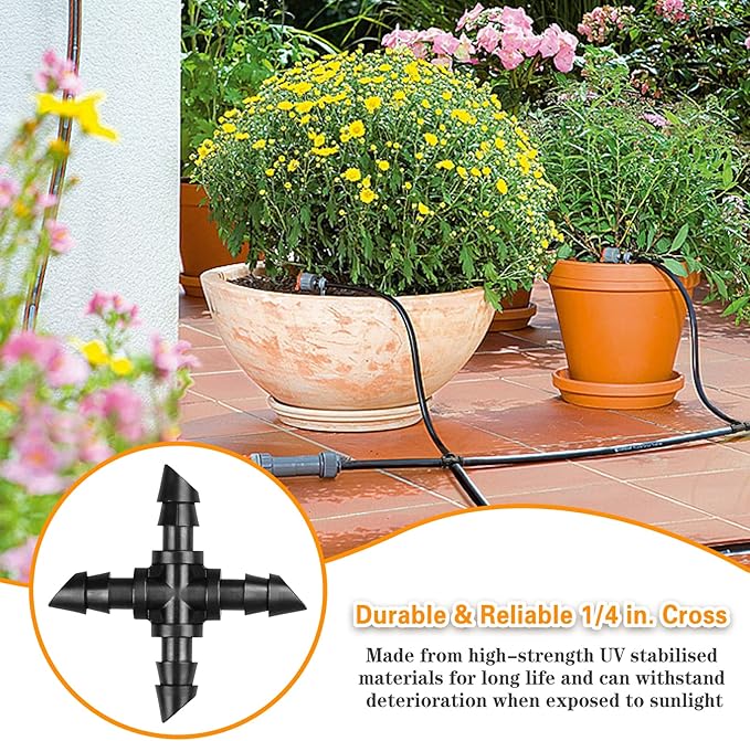 Drip Irrigation Cross Fittings：45 Pieces Barbed 4-Way Cross Irrigation Parts with Sharp End Fits for 1/4 Inch Drip Irrigation Tubing Drip Line Cross Tee Connectors for Garden Lawn