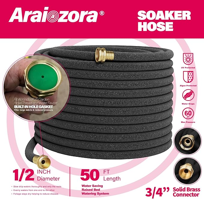 Soaker Hose 50 FT For Garden Beds,Heavy Duty Solid Brass Connector 1/2“ Ruber Drip Irrigation for Flower Bed&Yard,Landscaping