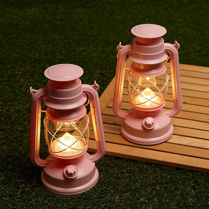 Furora LIGHTING Pink LED Lantern Pack of 2 with 6/18 Timer, 9.5" Inch Flameless Flickering Lantern Candle, Indoor Vintage and Outdoor Patio Hanging Tabletop, Battery Included