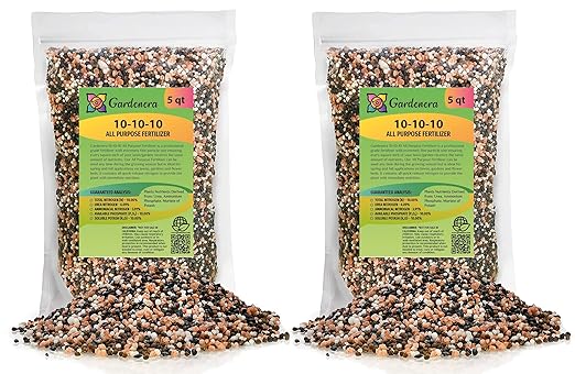 Premium 10-10-10 All-Purpose Soil Fertilizer by Gardenera - 10 Quart - Ideal for Flowers, Plants, Vegetables, Fruit Trees and Lawns - (2 Bags of 5 Quart)