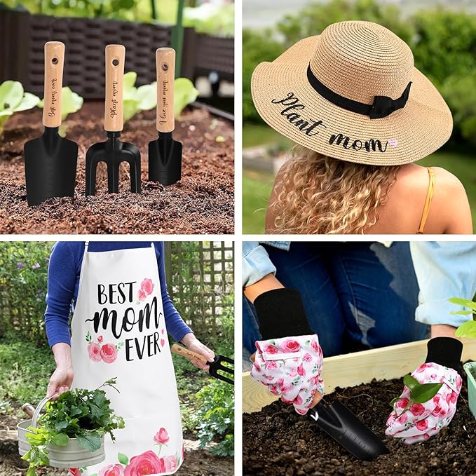 Percozzi Mom Birthday Gifts Pink Gardening Tools Kit Rose Planting Tools Straw Hat Floral Apron Glove Women Spring Mother's Day Basket for Her Mother Plant Lovers Outdoor Horticulture Starter