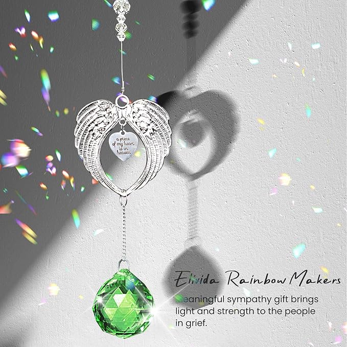 Sympathy Gift Modern Grief Gift for Lose of Loved Ones, Memorial Suncatcher with 40mm Crystal Ball, Sorry for Your Lose Rainbow Maker, Bereavement Gift Idea Angel Wings Design, Green