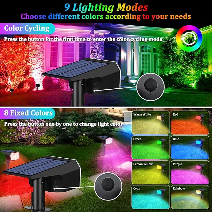 8-Pack Solar Spot Lights Outdoor, 59 LED Solar Lights Outdoor Waterproof, 9 Lighting Modes Outdoor Solar Lights for Yard, Landscape Spotlights for Christmas Garden Pathway Multicolor
