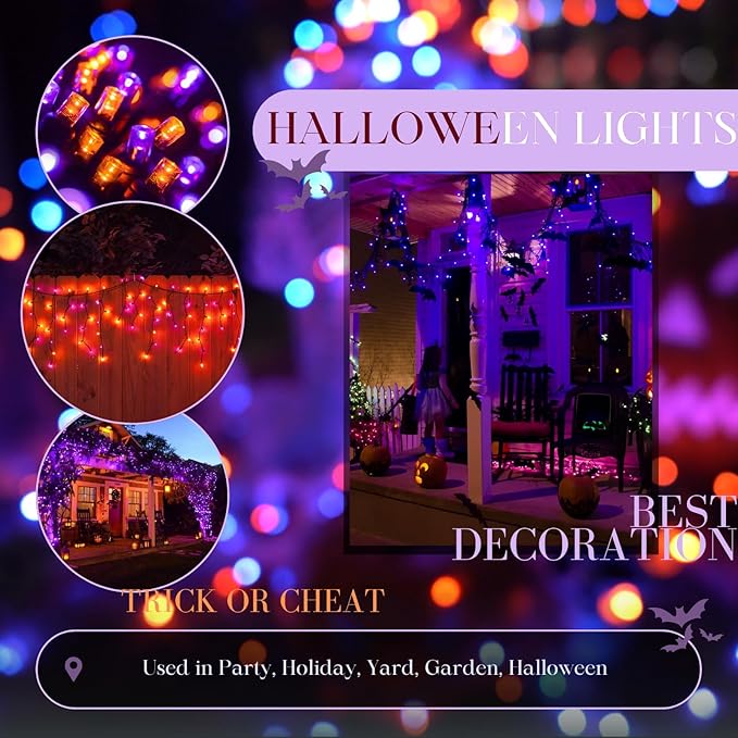 Purple and Orange Halloween Lights 2pack 164ft 400 Led Extendable Waterproof 8 Modes, Bright Indoor/Outdoor String Lights, Halloween Decorations for Party, Tree, Festivals, Patio, Garden Decor