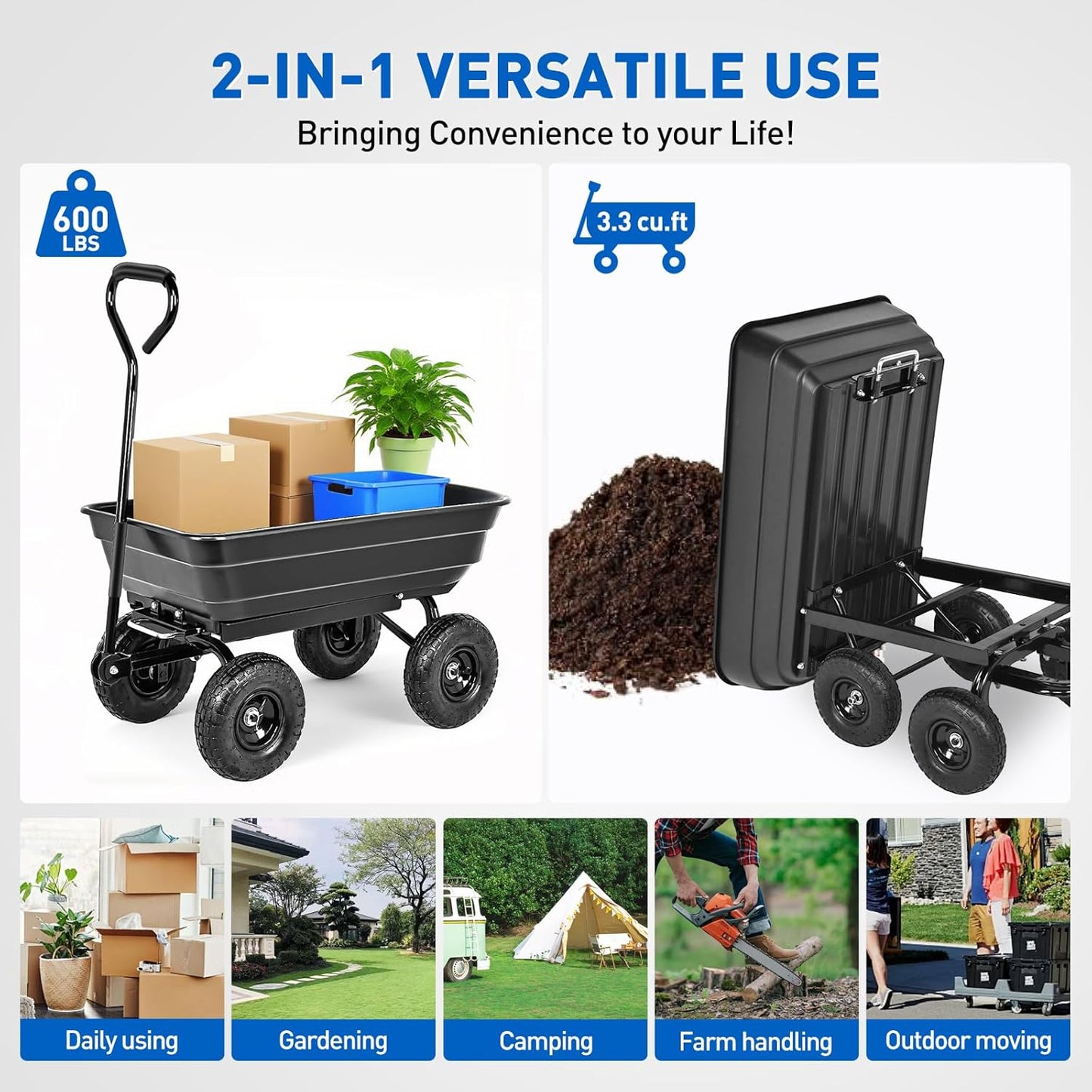 Yesker Garden Carts - 600lbs Dump Wagon with All Terrain Inflatable Wheels for Yard Lawn Farms Gardening - Heavy Duty Utility Outdoor Hauling Wheelbarrow