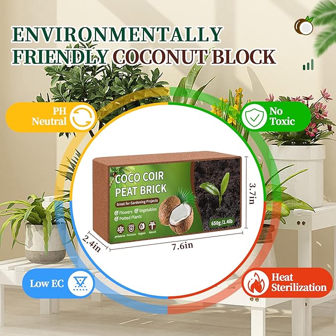 Coco Coir Bricks Potting Soil, 5 Pcs Natural Organic Compressed Coconut Fiber Soil Alternative to Peat Moss for Indoor Outdoor Plants Gardening Flowers Vegetables and Herbs