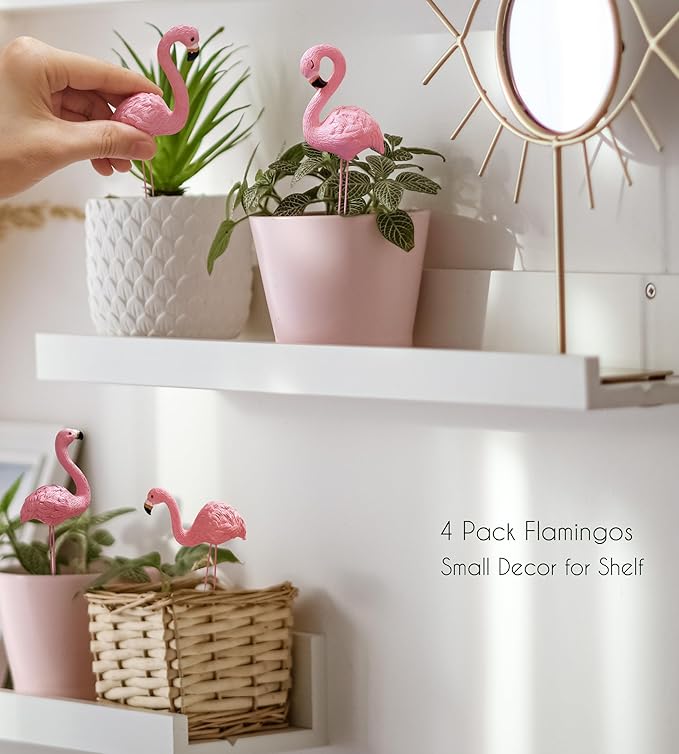 Mini Flamingos Figurines with Stakes - Set of 4 Small Flamingos Garden Gifts for Women Resin for Flower/Plant Pot Decorations - Miniature Fairy Garden