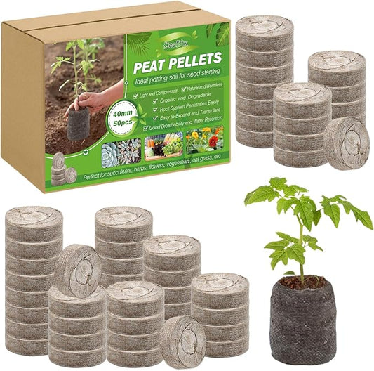 ZeeDix 50Pcs 40mm Compressed Peat Pellet Fiber Soil Plant Seed Starters - Nursery Plugs Pallet Seedling Soil Block, Seed Fertilizer Nutrient Block Peat Block for Grow Herbs Plant Flowers Vegetables