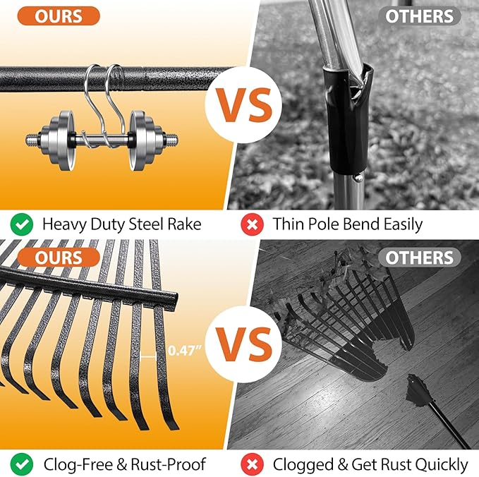 Rake, Gardening Rakes for Leaves Lawns Heavy Duty, 79 in Leaf Rake with 25 Clog-Free Tines, 18.5” Wide Large Rake Head, Metal Garden Tools for Yard Quick Cleanup Garss, Debris, Detachable for Camping