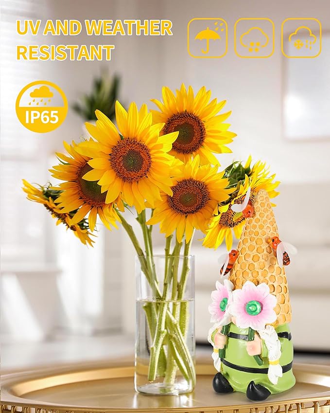 iStatue Solar Garden Gnome Figurine Light with Bees Sunflower, 9.5'' Resin Outdoor Statue for Yard Patio Decor Lawn Ornaments Porch Garden Gifts for Women/Girl (Ms Bee Gnome)