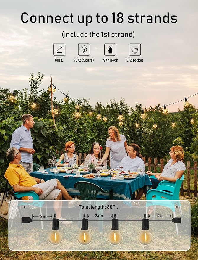 Brightown Outdoor String Lights - Connectable Commercial LED Patio String Lights with G40 Globe Plastic Bulbs, All Weatherproof Hanging Lights for Outside Backyard Porch (80 FT - 40 LED Bulbs)