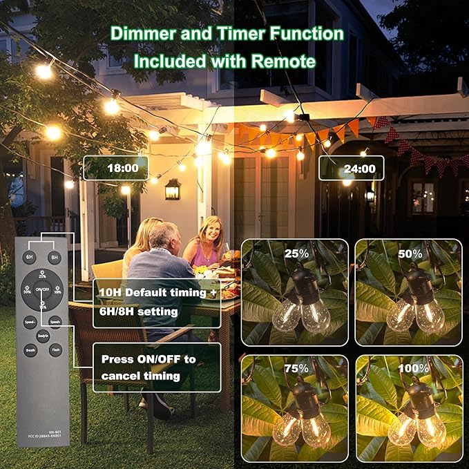 33(27+6) ft Solar String Lights Outdoor, Waterproof with USB Port Remote Control Solar Patio Lights,9 Shatterproof S14 Bulbs,1W Soft White