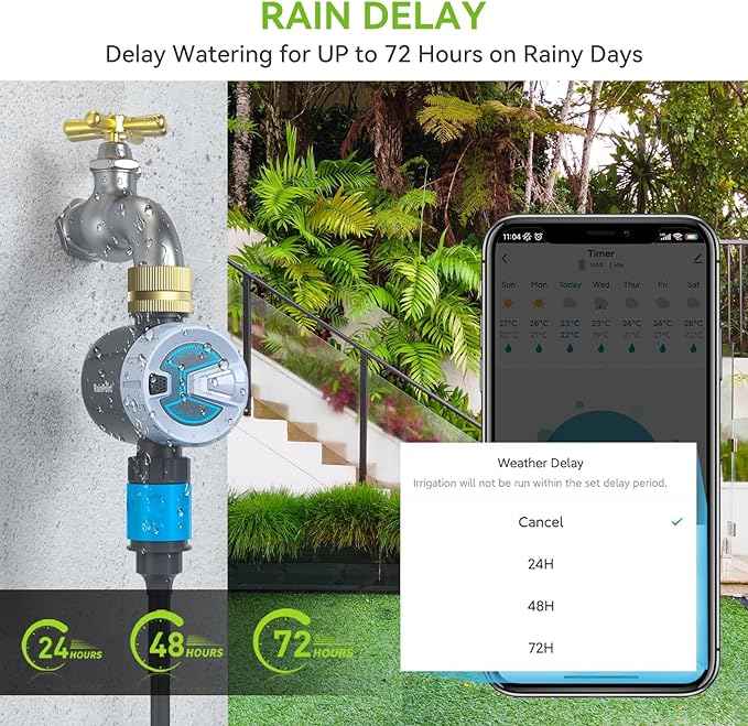 RAINPOINT Sprinkler Timer WiFi Water Timer, Smart Wireless Hose Faucet Timer for Garden, Irrigation System Controller, APP Remote Control via 2.4Ghz WiF (WiFi Sprinkler Timer (Brass Swivel))