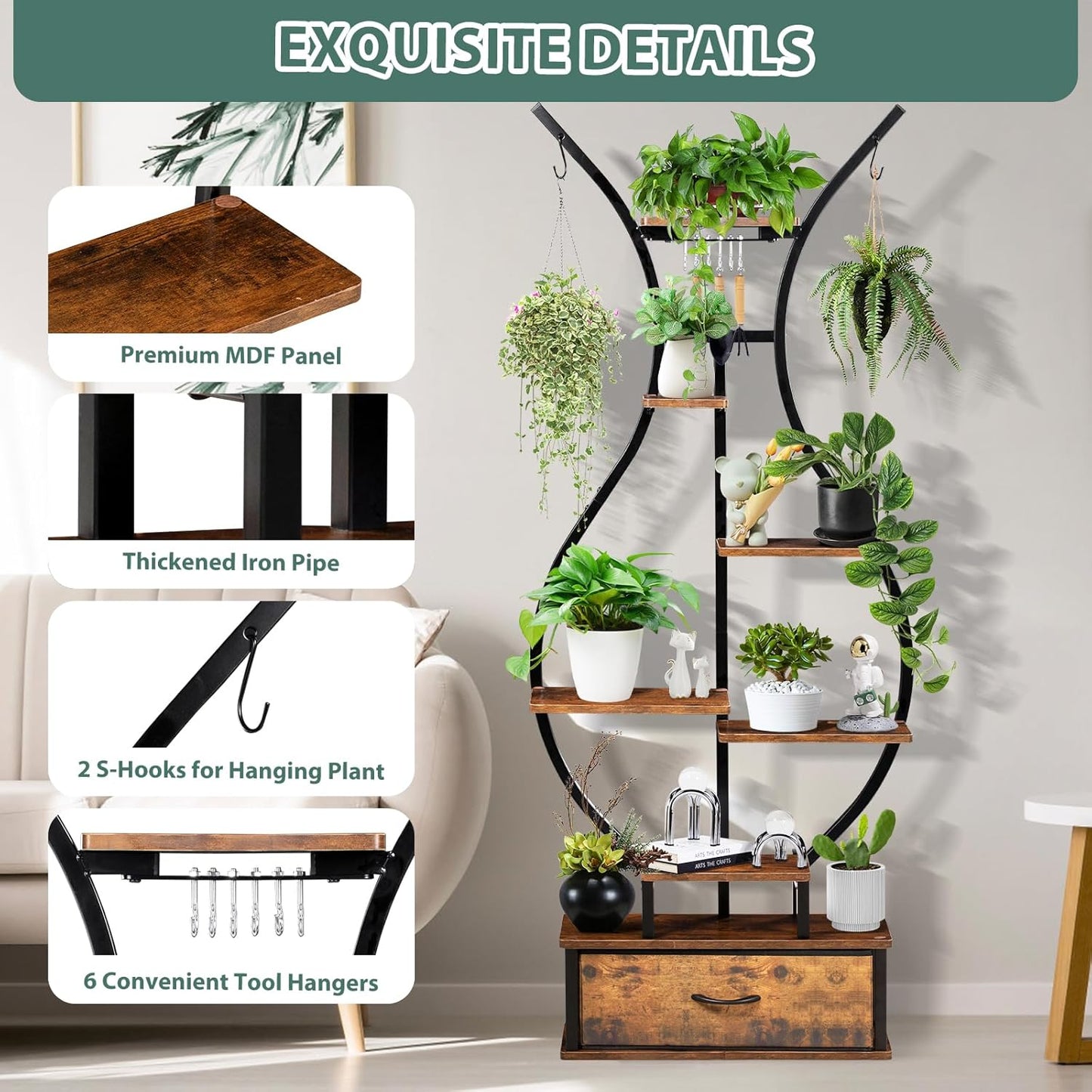 7-Tier Indoor Plant Stand with Hanging Hooks & Drawer, 68.1" Tall Vase-Shaped Corner Plant Stand includes Tool Hangers, Aesthetic Tall Plants Shelf for Multiple Plants Flower Pot, Outdoor Plant Holder in Patio Balcony