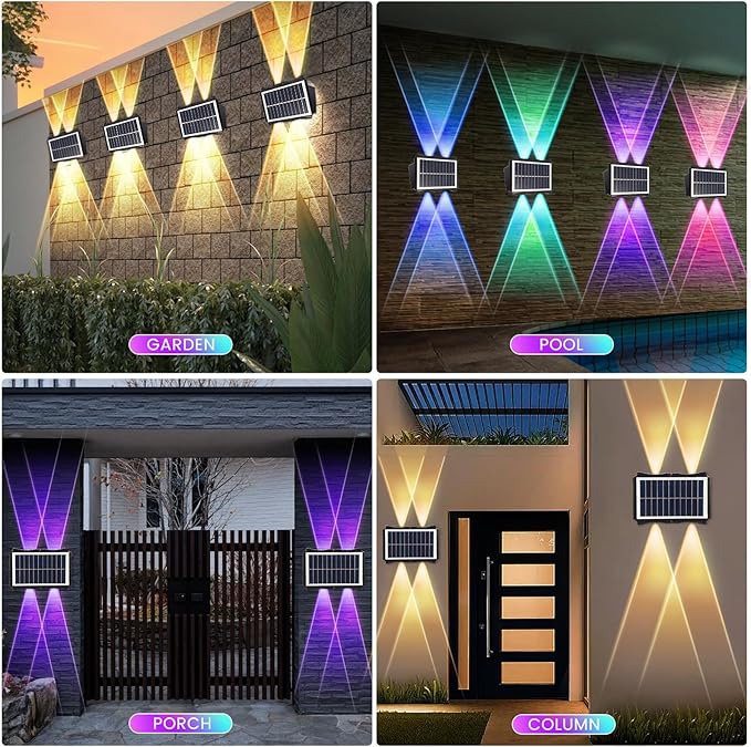 Solar Powered Outdoor LED Lights, Waterproof Wall Sconces, 4 LEDs Fence Lights, Up & Down Lighting for Backyard, Deck, Patio, Porch, Balcony, Garden (4 Pack)