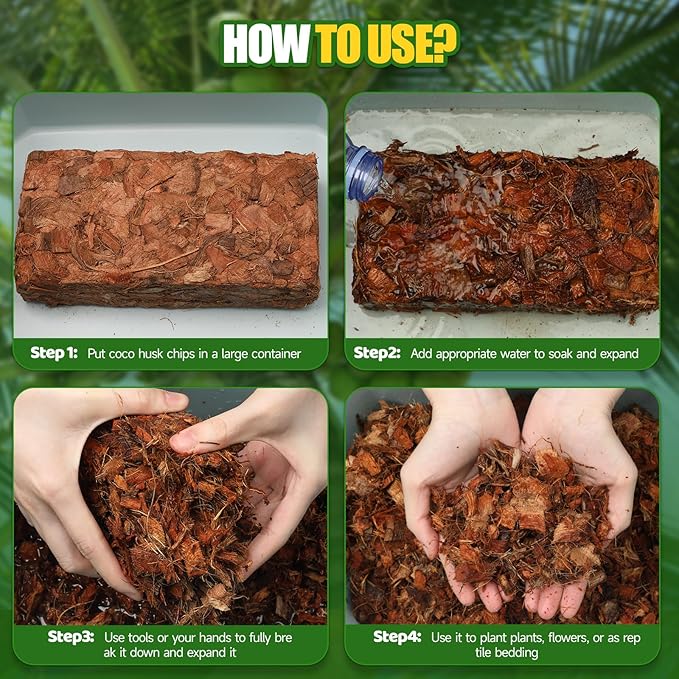 Coco Chips Substrate 2.2 LBS, Organic Coconut Husk Brick with Low EC and pH Balanced, Easy to Expand Coco Coir Mulch Medium for Garden Flowers & Reptile Bedding (2 Pcs)