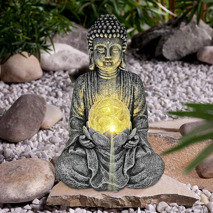 Nacome Meditating Buddha Statue with Solar Light,Zen Solar Garden Buddha with Cracked Glass Ball Sculpture-Indoor/Outdoor Decor for Balcony,Garden,Patio,Porch Yard Art Ornament,Gift