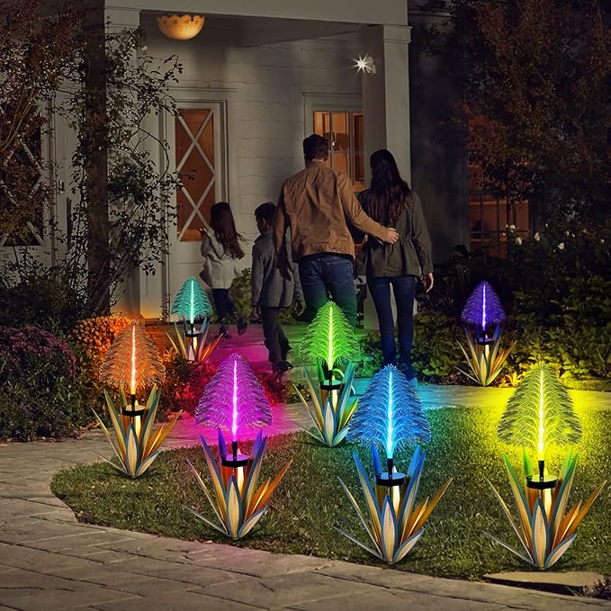 Homight Metal Outdoor Decoration Gift Christmas Decorations Outdoor Metal Agave Yard Art Garden Lights Solar Outdoor, 7 Color Changing Garden Yard Pathway Xmas Decor Waterproof (2 pcs Blue)