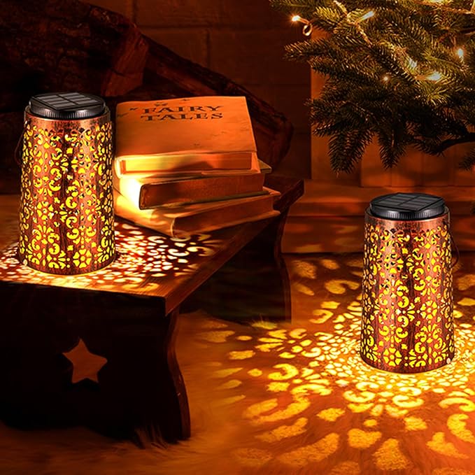 Outdoor Solar Lanterns - Hanging Solar Lights Halloween Lights Metal Lantern Decorative for Patio Garden Yard Backyard Table Tree Outside Lighting Cool/ Warm Light (6 Pack