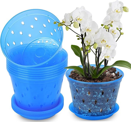 Orchid Pot, 6.7 Inch 8 Pack Orchid Pots with Holes and Saucers,Plastic Orchid Planter - Blue Sapphire
