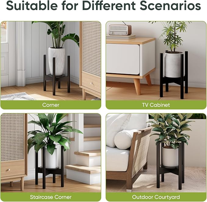 2 Pack Adjustable Plant Stand, Bamboo Plant Stand Indoor with Tray, Wood Plant Stand for 8 to 12 inches Flower Pots, Single Mid-Century Modern Plant Stand for Indoor Plants, Black