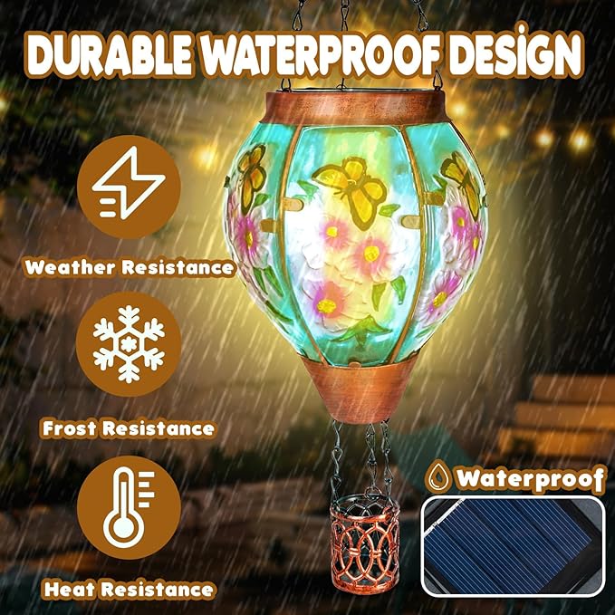 Solar Hot Air Balloon Lantern with Flame， Butterfly Glass Outdoor Solar Lanterns for Outside Hanging Farmhouse Patio Pathway Decor, Butterfly Gifts for Women Grandma Mom