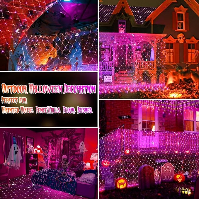 JXLEDAYY 200 LED Halloween Net Lights Outdoor Waterproof 3M*2M Mesh Lights Fairy String Lights Plug in with Timer 8 Modes for Bush Window Fence Garden Yard Roof Wall Decor-Purple and Orange