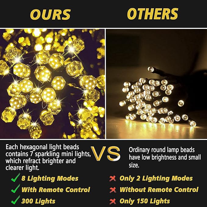 Solar String Lights Outdoor,115 Ft 300 LED Solar Christmas Lights with Remote,8 Modes Waterproof Patio Lights for Christmas Tree Patio Yard Garden Party Decor (Warm White)