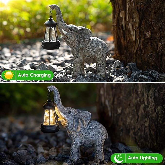 Solar Garden Statue Lights Elephants Figurine with Solar Lantern, Outdoor Yard Decorations for Patio Porch Home, Christmas Elephant Gifts for Women - Unique Housewarming Gifts