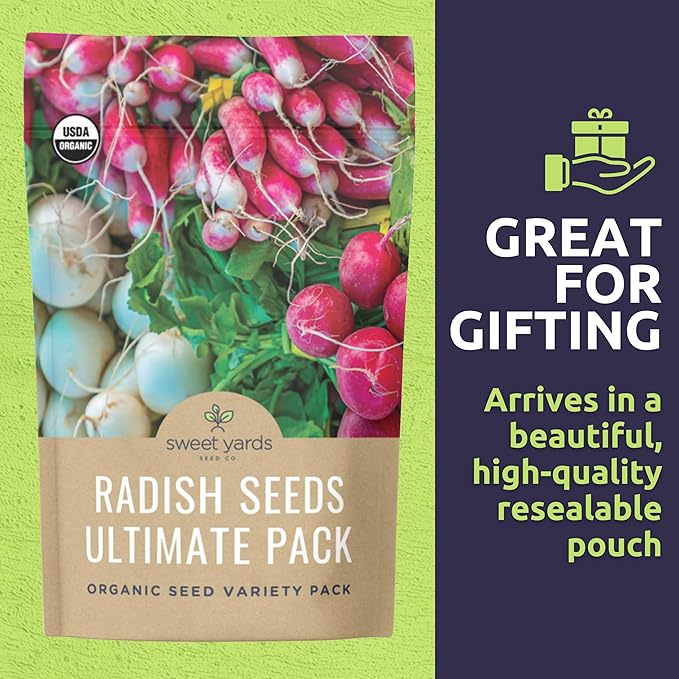 Organic Radish Seeds Variety Pack - 10 Individual Packs - 2025 Season - Pink Beauty, Purple Plum, French Breakfast, Misato Rose and More! for Indoor & Outdoor Planting (Non-GMO, Certified Organic)
