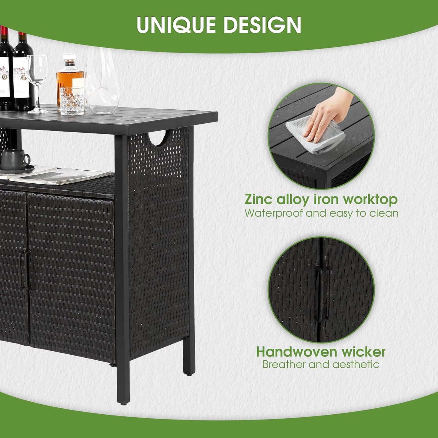 HOMEFUN Outdoor Bar Table Featuring Storage Cabinet: Wheeled Patio Serving Carts, Wicker Grill Cart Prep Station & Rolling Kitchen Island for Patio, Backyard and Outside Use, in Black